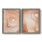 Set of two gray barnwood framed canvas prints featuring two minimalist marbled pattern abstracts featuring concentric wood-grain rings and rippling contour lines.