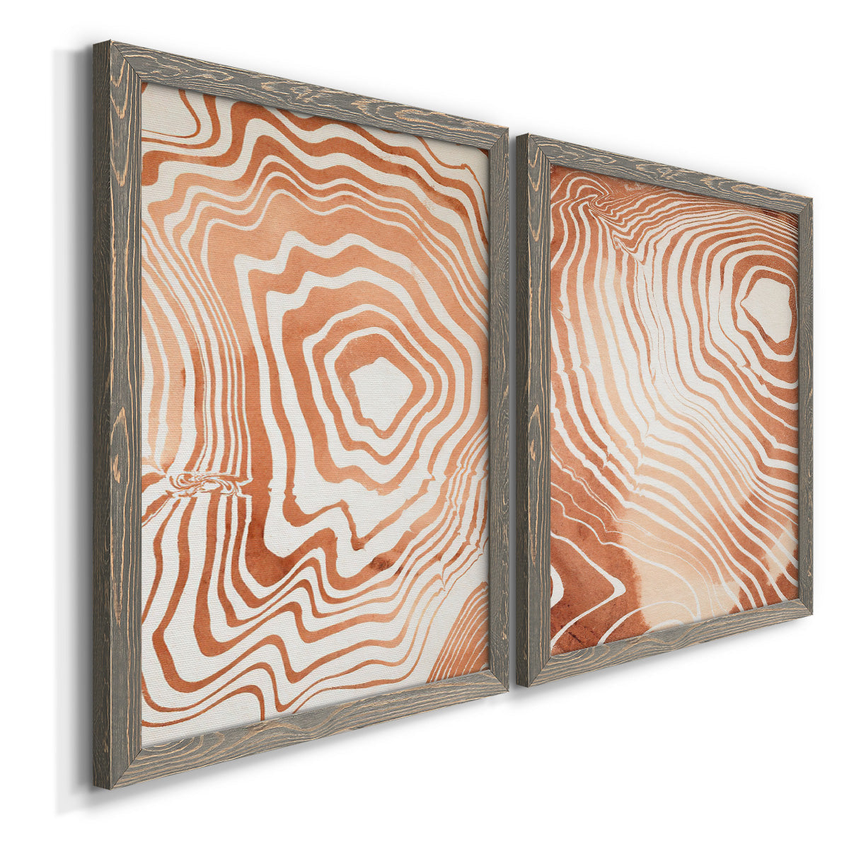 Angled view of a set of two gray barnwood framed canvas prints featuring two minimalist marbled pattern abstracts featuring concentric wood-grain rings and rippling contour lines.