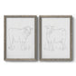 Set of two gray barnwood framed canvas prints featuring two minimalist livestock sketches featuring simple contour drawings of standing cows.