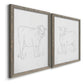 Angled view of a set of two gray barnwood framed canvas prints featuring two minimalist livestock sketches featuring simple contour drawings of standing cows.