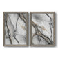 Set of two gray barnwood framed canvas prints featuring two marbled alcohol ink abstracts with flowing black gray white and metallic gold veining.