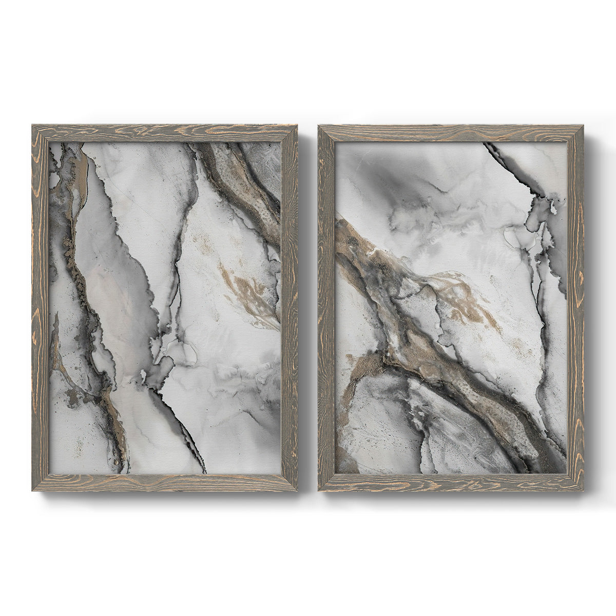 Set of two gray barnwood framed canvas prints featuring two marbled alcohol ink abstracts with flowing black gray white and metallic gold veining.