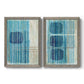Set of two gray barnwood framed canvas prints featuring two graphic geometric abstracts featuring stacked blue ovals behind fine vertical stripes.