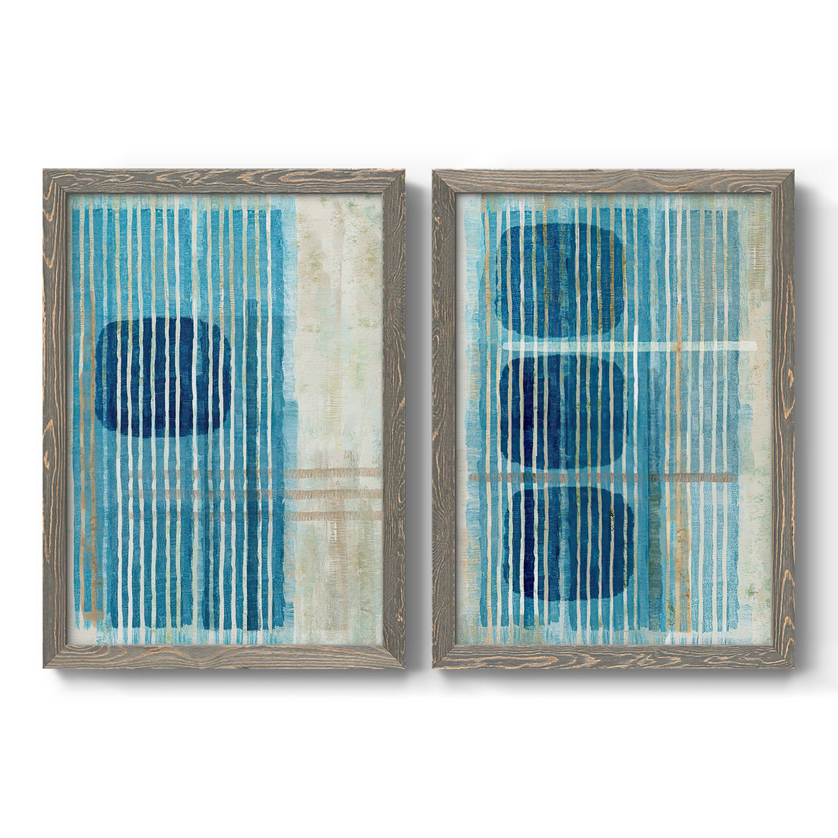 Set of two gray barnwood framed canvas prints featuring two graphic geometric abstracts featuring stacked blue ovals behind fine vertical stripes.