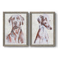 Set of two gray barnwood framed canvas prints featuring two traditional watercolor pet paintings featuring gentle seated dog portraits.
