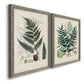 Angled view of a set of two gray barnwood framed canvas prints featuring two natural-history fern plates featuring vintage fern specimens with botanical details.