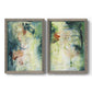 Set of two gray barnwood framed canvas prints featuring two nature-inspired mixed-media abstracts featuring layered blue green cream and charcoal textures.