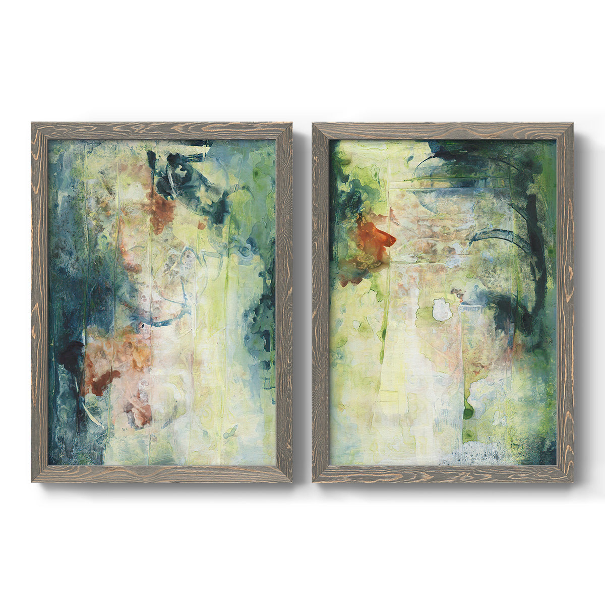Set of two gray barnwood framed canvas prints featuring two nature-inspired mixed-media abstracts featuring layered blue green cream and charcoal textures.