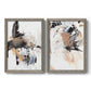 Set of two gray barnwood framed canvas prints featuring two bold mixed-media abstracts featuring energetic black white tan and gray painted gestures.