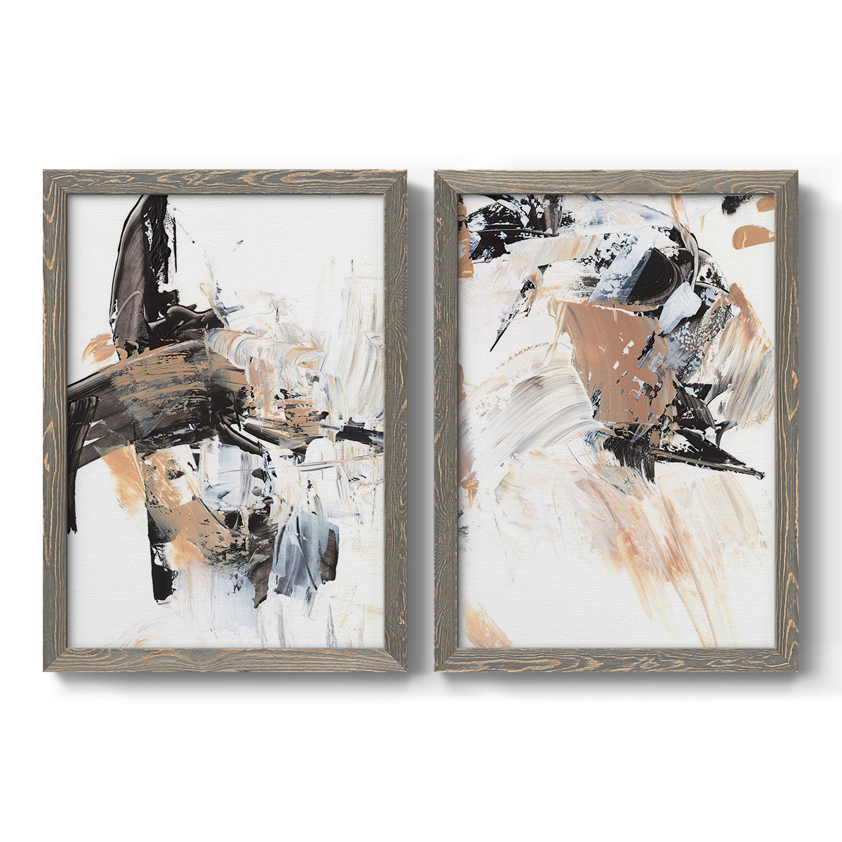 Set of two gray barnwood framed canvas prints featuring two bold mixed-media abstracts featuring energetic black white tan and gray painted gestures.