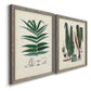 Angled view of a set of two gray barnwood framed canvas prints featuring two natural-history fern plates featuring vintage fern specimens with botanical details.