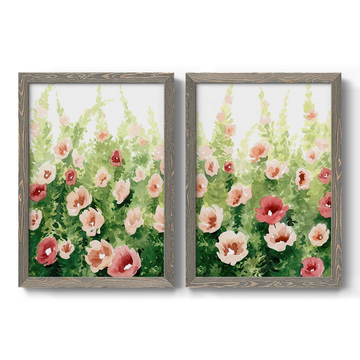 Set of two gray barnwood framed canvas prints featuring two luminous impressionistic floral paintings featuring a field of pink coral and white flowers.