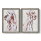 Set of two gray barnwood framed canvas prints featuring two traditional watercolor pet paintings featuring gentle seated dog portraits.