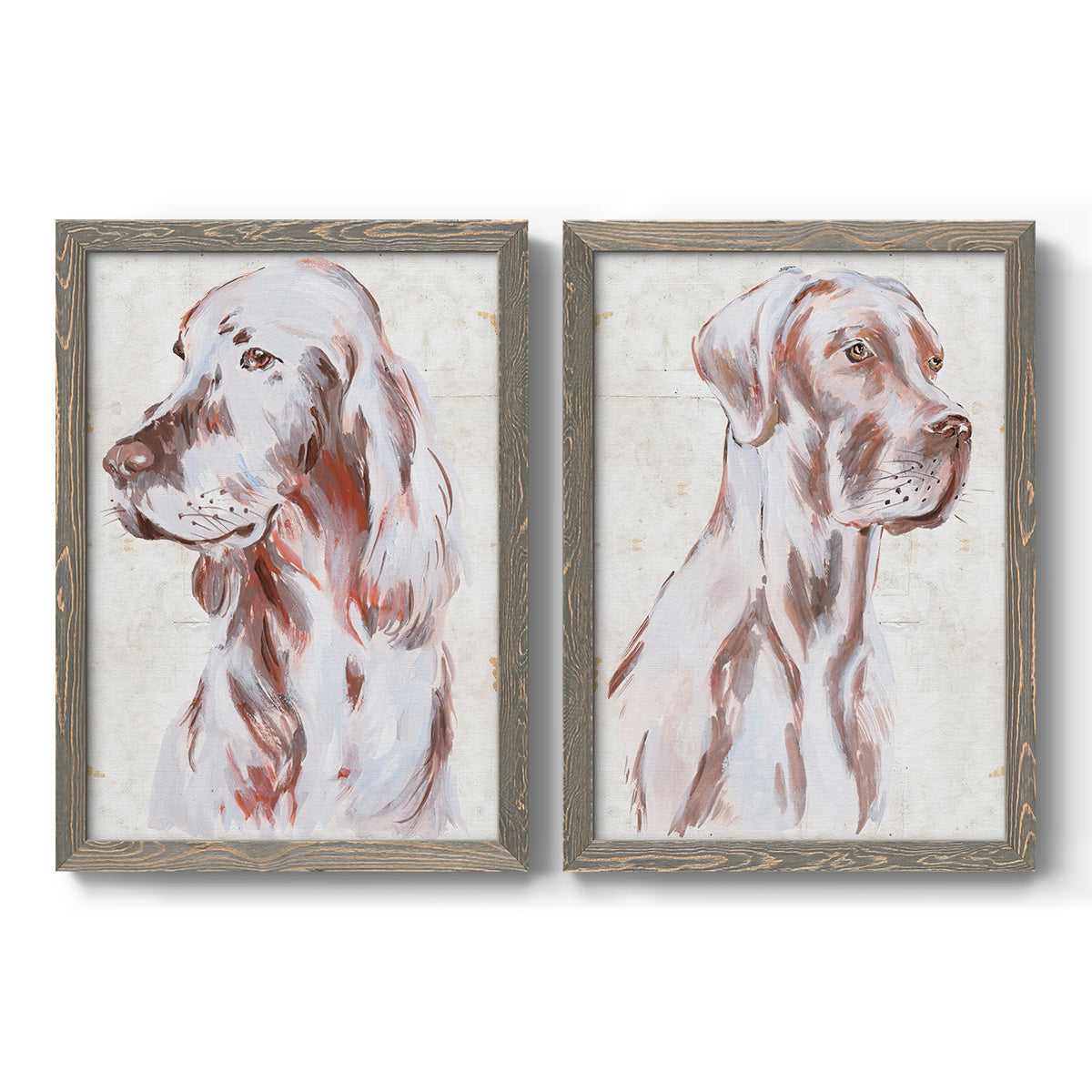 Set of two gray barnwood framed canvas prints featuring two traditional watercolor pet paintings featuring gentle seated dog portraits.