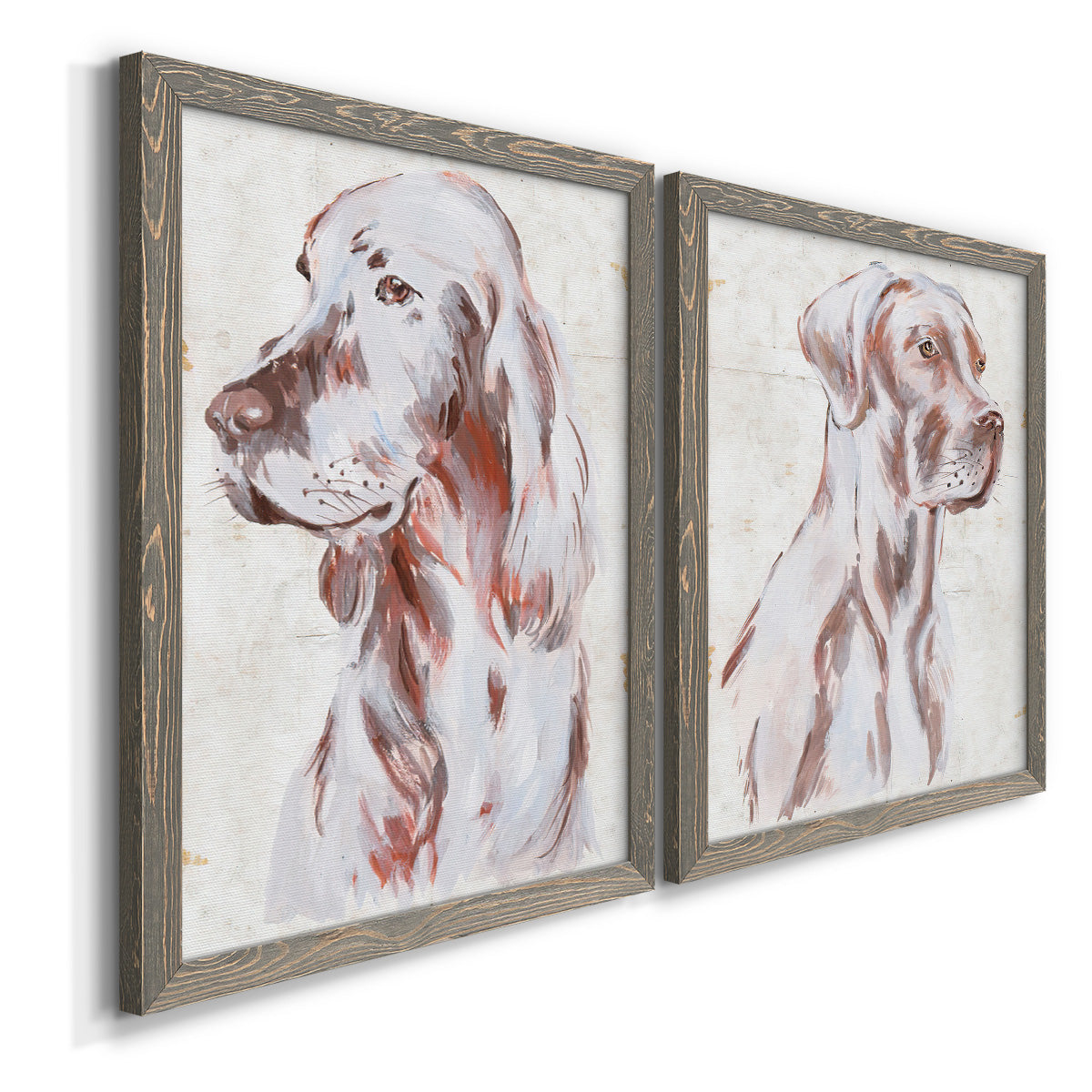 Angled view of a set of two gray barnwood framed canvas prints featuring two traditional watercolor pet paintings featuring gentle seated dog portraits.