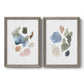 Set of two gray barnwood framed canvas prints featuring two airy minimalist abstracts featuring scattered translucent watercolor shapes.