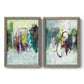 Set of two gray barnwood framed canvas prints featuring two expressive contemporary abstracts featuring layered green purple and gray painterly forms.