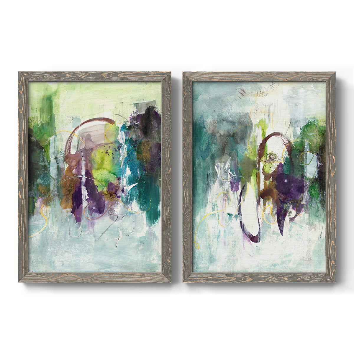 Set of two gray barnwood framed canvas prints featuring two expressive contemporary abstracts featuring layered green purple and gray painterly forms.