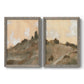 Set of two gray barnwood framed canvas prints featuring two minimalist watercolor landscapes featuring misty brown hills and winding mountain paths.