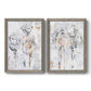 Set of two gray barnwood framed canvas prints featuring two expressive floral abstracts featuring loosely suggested flowers and stems in pale gray and peach.