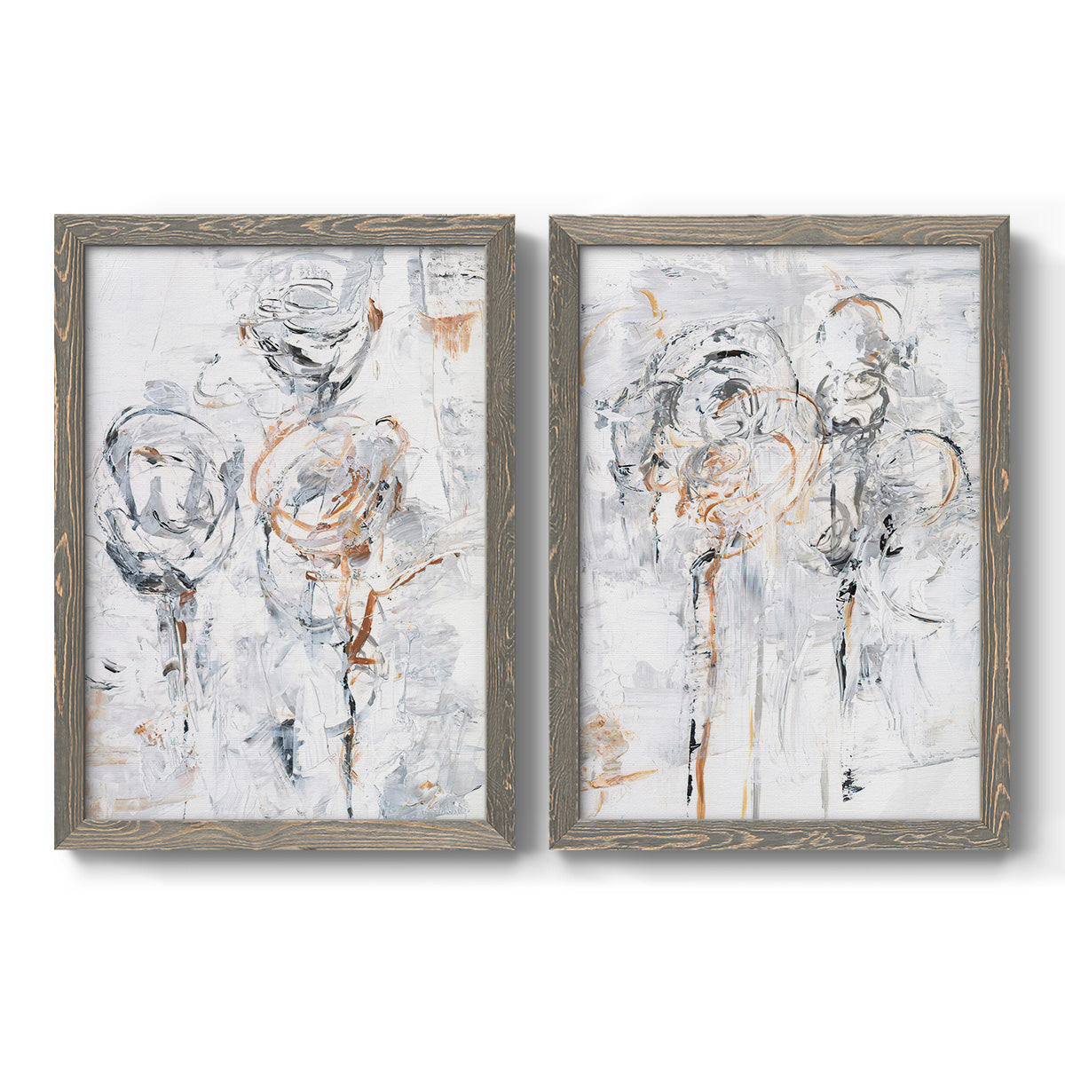 Set of two gray barnwood framed canvas prints featuring two expressive floral abstracts featuring loosely suggested flowers and stems in pale gray and peach.