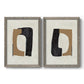 Set of two gray barnwood framed canvas prints featuring two minimalist geometric collage abstracts featuring black brown and cream cutout-like forms.