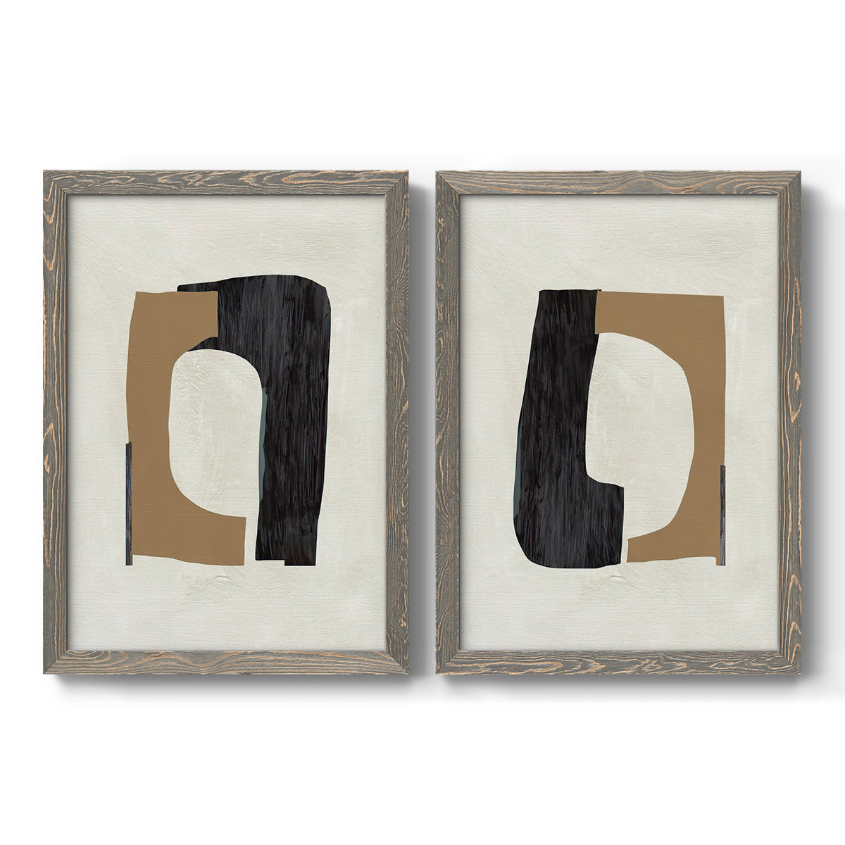 Set of two gray barnwood framed canvas prints featuring two minimalist geometric collage abstracts featuring black brown and cream cutout-like forms.