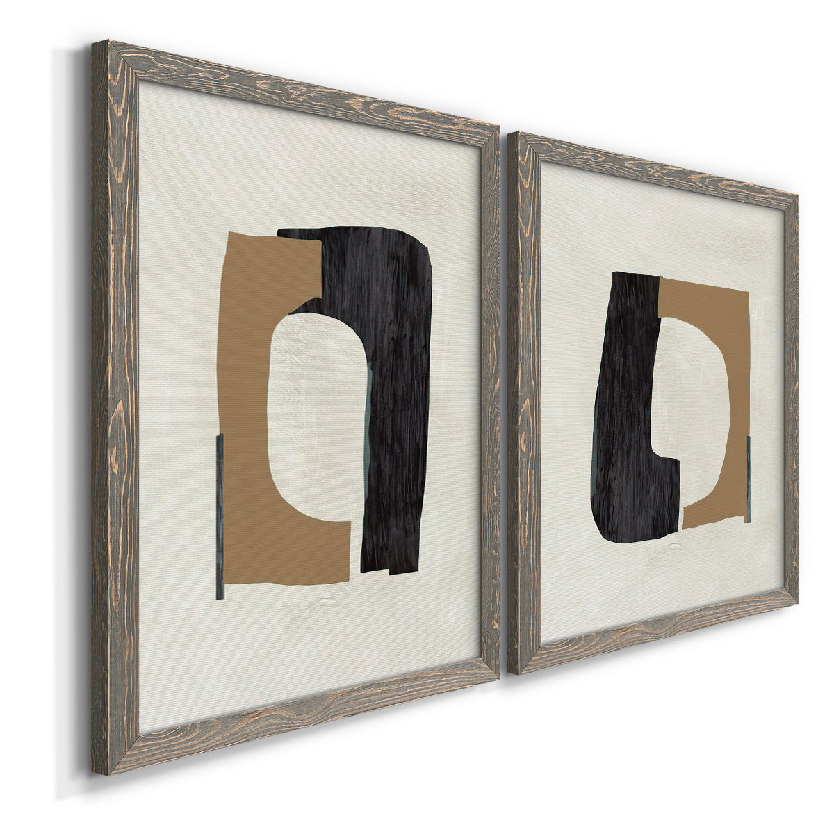 Angled view of a set of two gray barnwood framed canvas prints featuring two minimalist geometric collage abstracts featuring black brown and cream cutout-like forms.