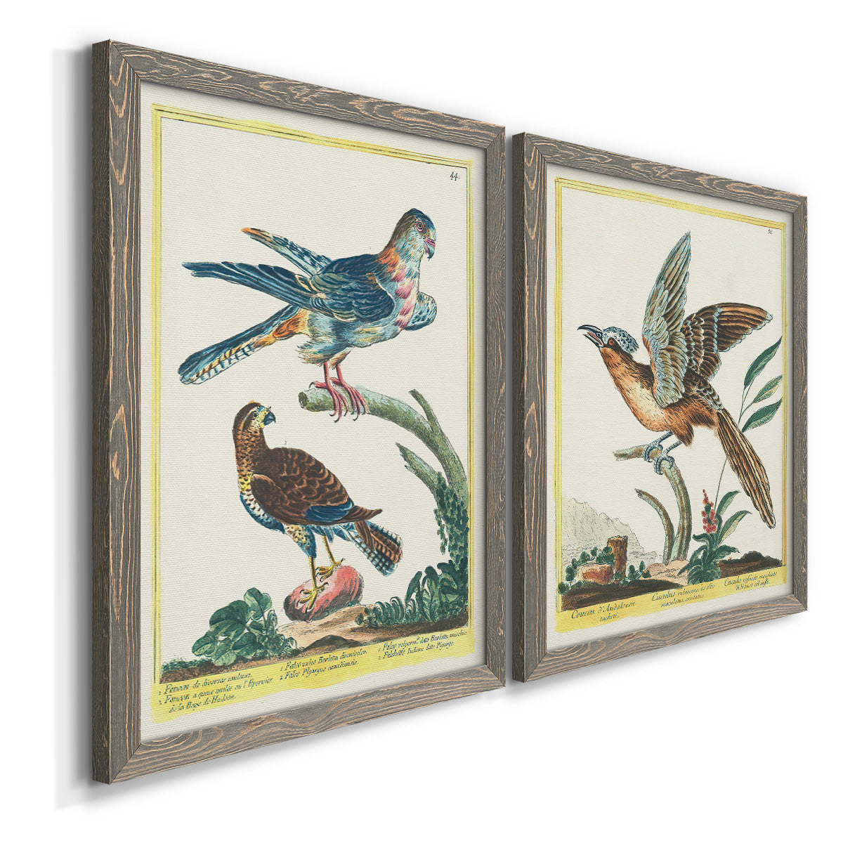 Angled view of a set of two gray barnwood framed canvas prints featuring two atmospheric abstract paintings featuring misty blue gray and violet marks hovering across pale grounds.