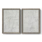 Set of two gray barnwood framed canvas prints featuring two minimalist script abstracts featuring faint looping handwriting across pale gray grounds.