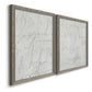 Angled view of a set of two gray barnwood framed canvas prints featuring two minimalist script abstracts featuring faint looping handwriting across pale gray grounds.
