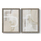 Set of two gray barnwood framed canvas prints featuring two neutral geometric abstracts with overlapping rounded forms white lines and soft beige gray textures.