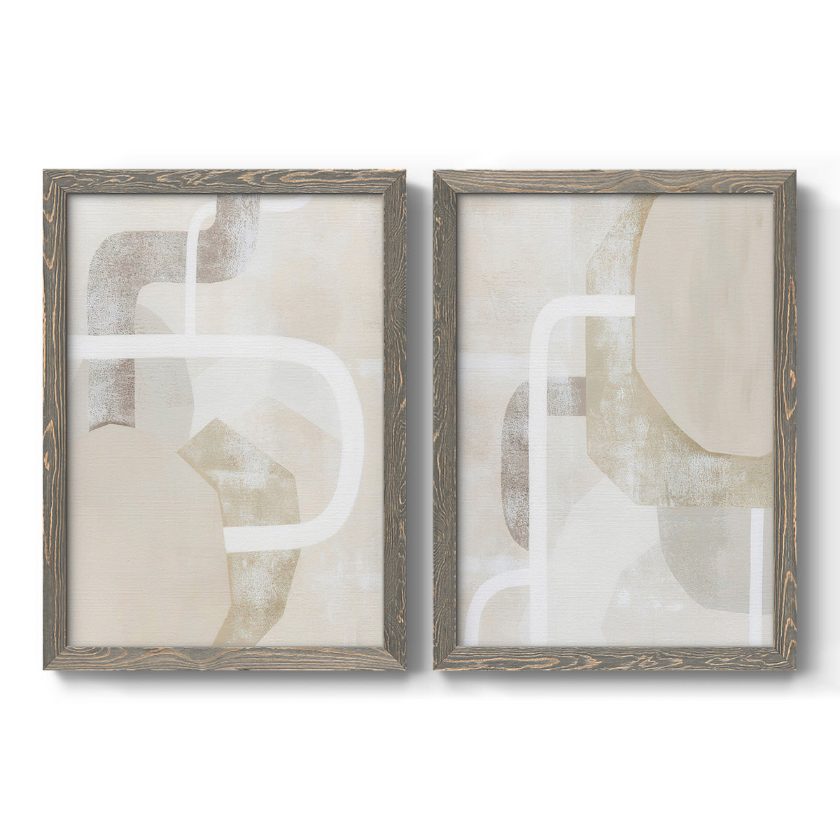 Set of two gray barnwood framed canvas prints featuring two neutral geometric abstracts with overlapping rounded forms white lines and soft beige gray textures.