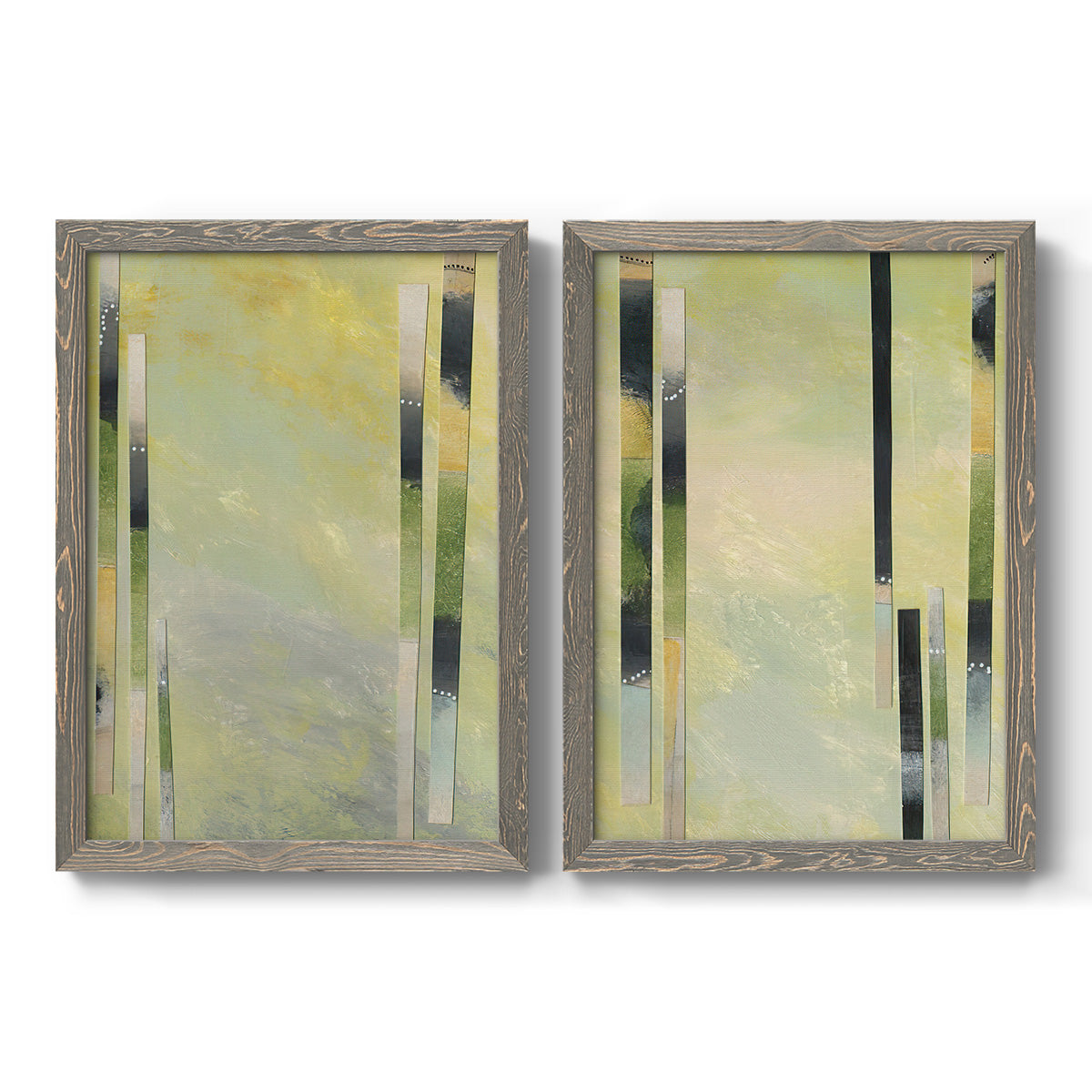 Set of two gray barnwood framed canvas prints featuring two minimalist architectural abstracts featuring vertical black gray and olive bars.