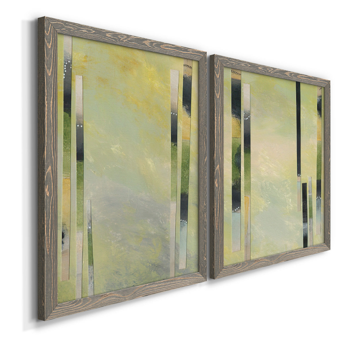 Angled view of a set of two gray barnwood framed canvas prints featuring two minimalist architectural abstracts featuring vertical black gray and olive bars.