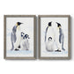 Set of two gray barnwood framed canvas prints featuring two soft watercolor wildlife illustrations featuring adult emperor penguins with fluffy chicks.
