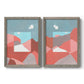 Set of two gray barnwood framed canvas prints featuring two modern abstract landscapes featuring layered red coral and turquoise desert-like geometry.