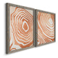 Angled view of a set of two gray barnwood framed canvas prints featuring two minimalist marbled pattern abstracts featuring concentric wood-grain rings and rippling contour lines.