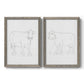 Set of two gray barnwood framed canvas prints featuring two minimalist livestock sketches featuring simple contour drawings of standing cows.
