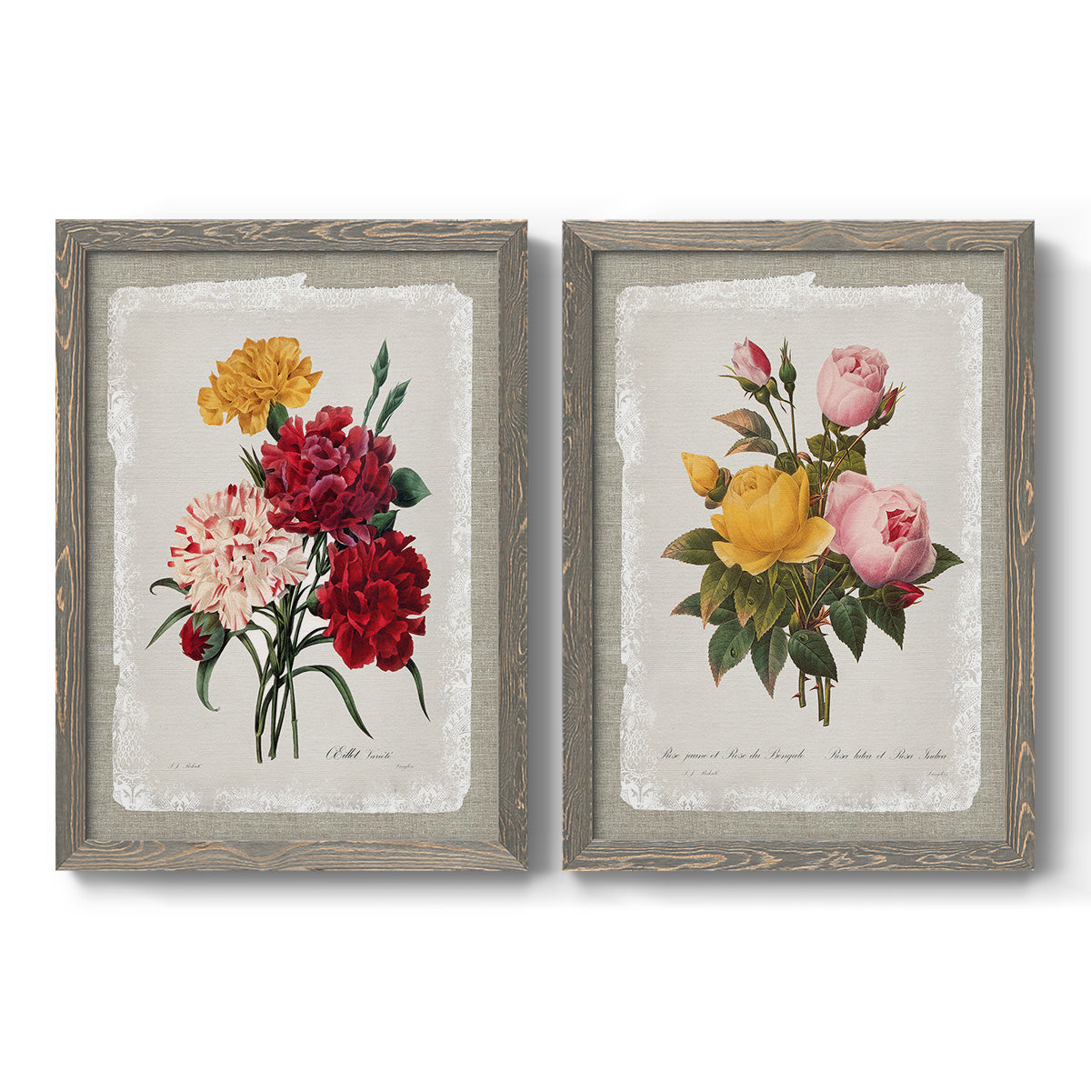 Set of two gray barnwood framed canvas prints featuring two traditional botanical collage prints featuring vintage mixed-flower bouquets on distressed paper.