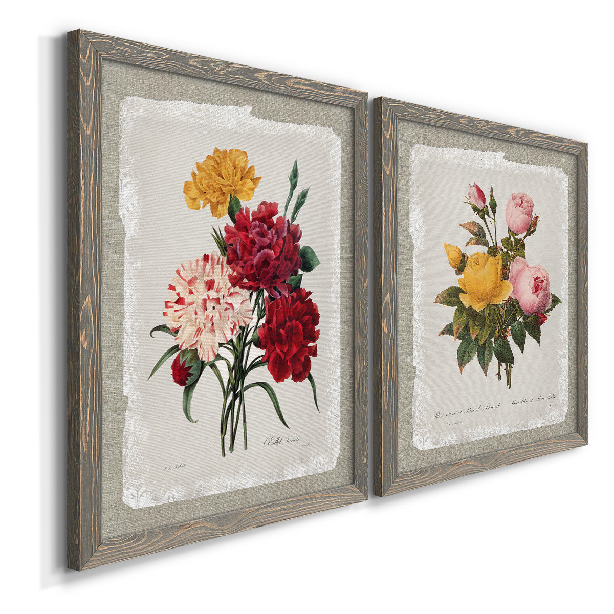 Angled view of a set of two gray barnwood framed canvas prints featuring two traditional botanical collage prints featuring vintage mixed-flower bouquets on distressed paper.