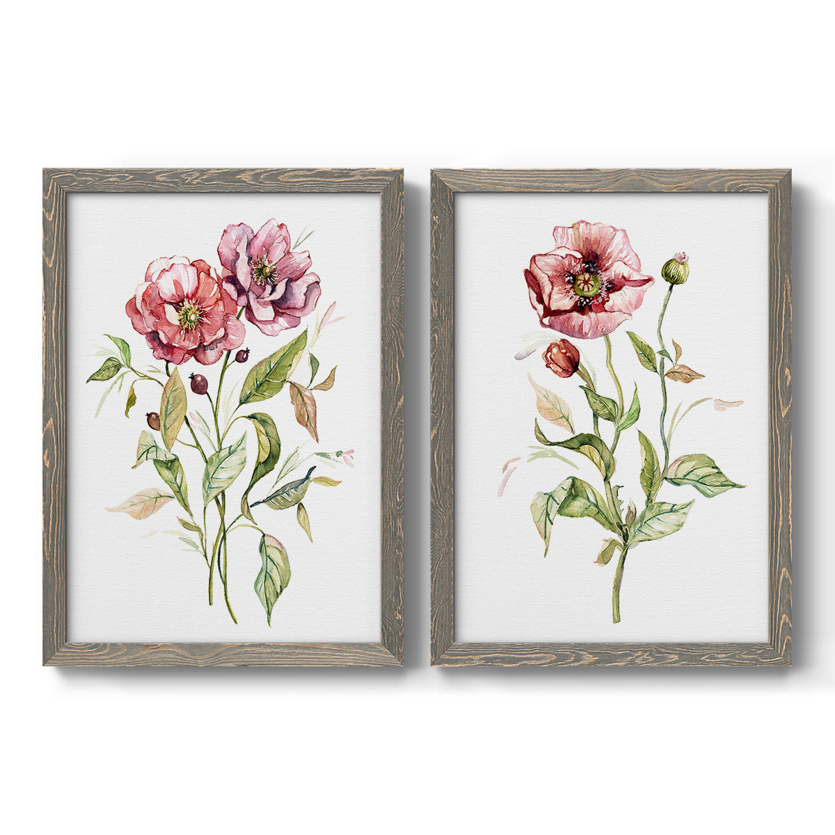 Set of two gray barnwood framed canvas prints featuring two traditional watercolor flower studies featuring two airy wildflower stems with pink and burgundy blossoms.