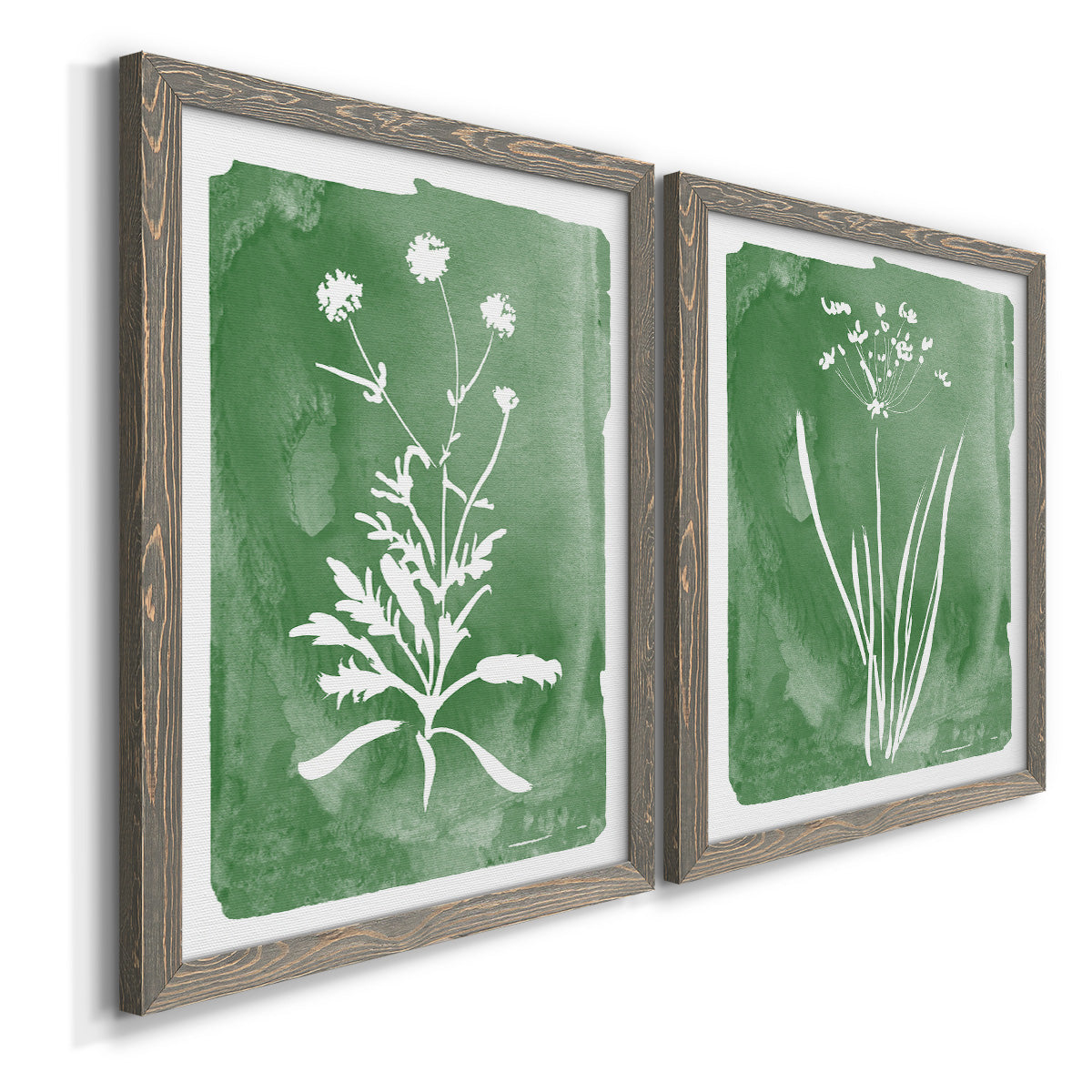 Angled view of a set of two gray barnwood framed canvas prints featuring two rustic minimalist botanical studies featuring delicate wildflower and leafy stems.