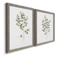 Angled view of a set of two gray barnwood framed canvas prints featuring two minimalist watercolor botanical studies featuring delicate eucalyptus branches with rounded leaves.