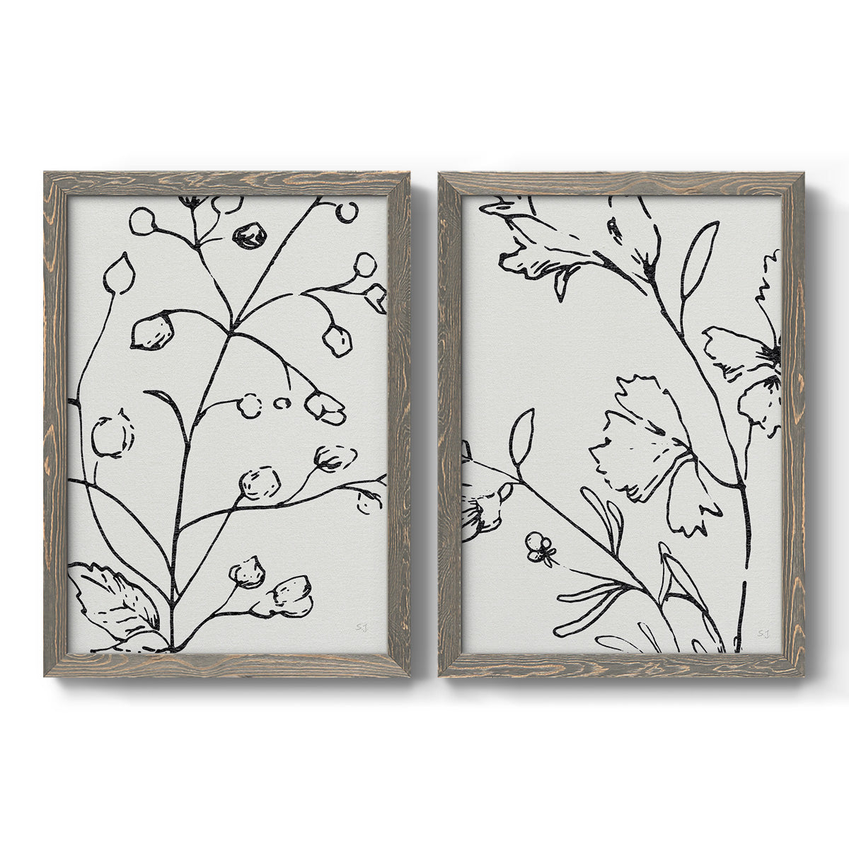 Set of two gray barnwood framed canvas prints featuring two minimalist botanical line art featuring black contour drawings of leaves and flowers.