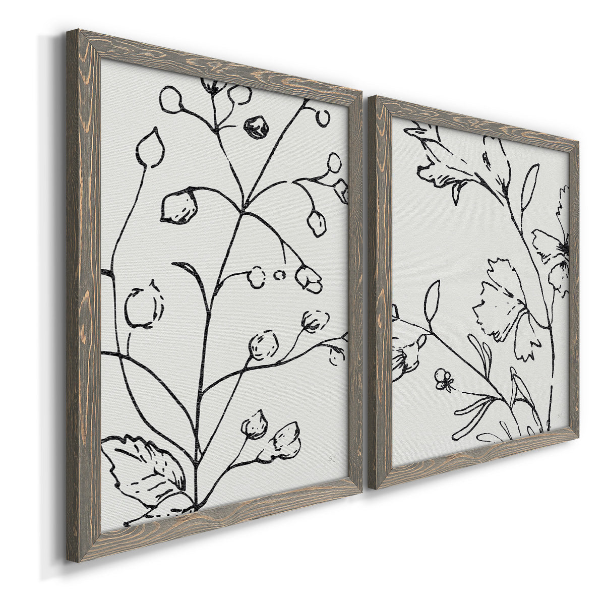Angled view of a set of two gray barnwood framed canvas prints featuring two minimalist botanical line art featuring black contour drawings of leaves and flowers.