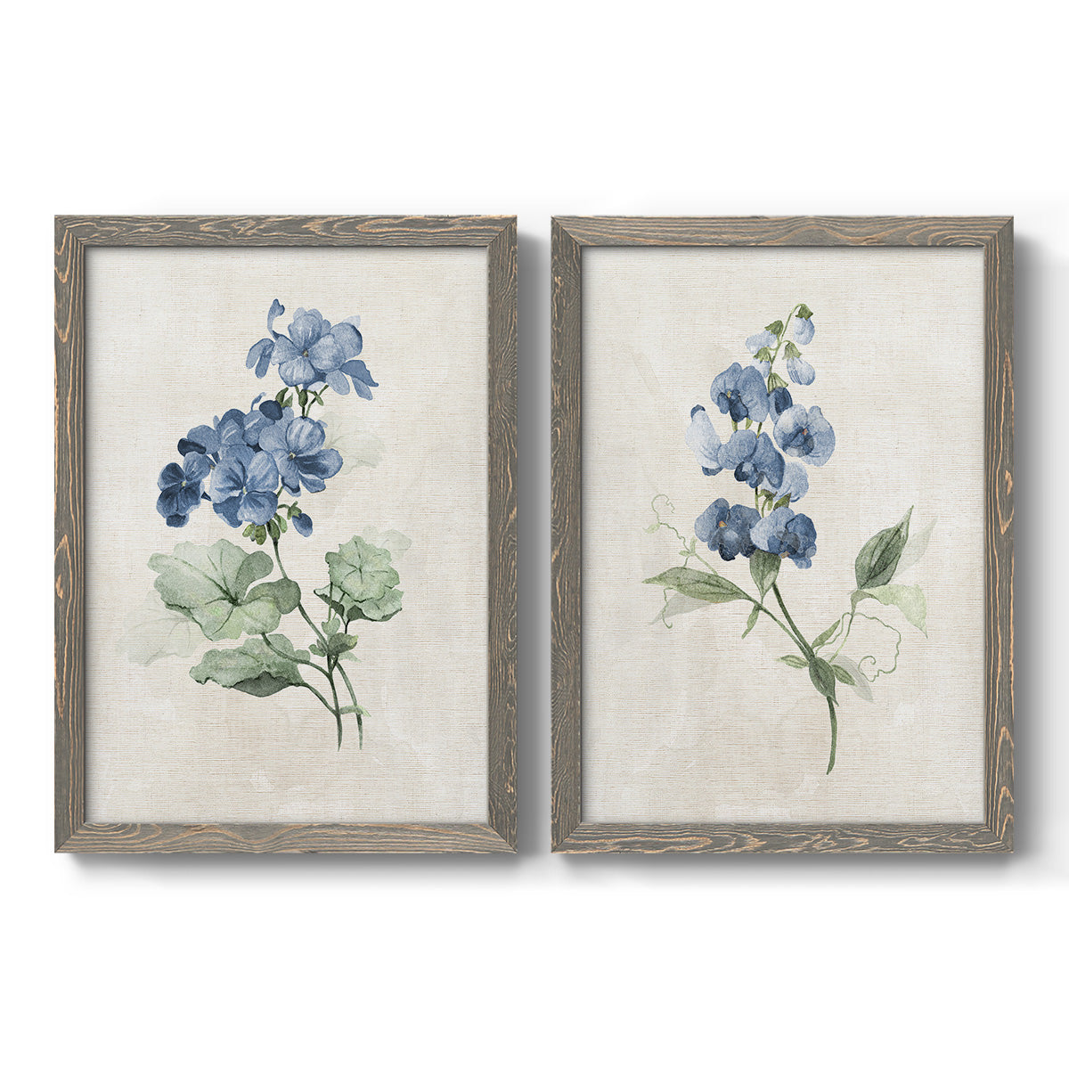 Set of two gray barnwood framed canvas prints featuring two farmhouse botanical illustrations featuring blue periwinkle flowers with leafy stems.