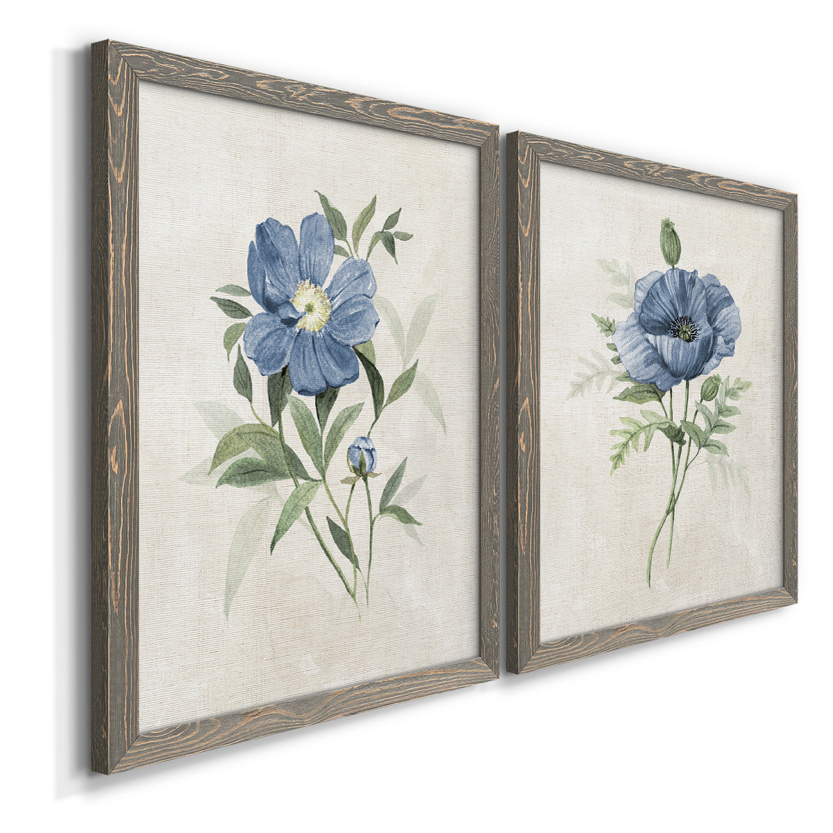 Angled view of a set of two gray barnwood framed canvas prints featuring two farmhouse botanical illustrations featuring blue periwinkle flowers with leafy stems.