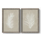 Set of two gray barnwood framed canvas prints featuring two minimalist tropical botanical prints featuring white palm frond silhouettes.