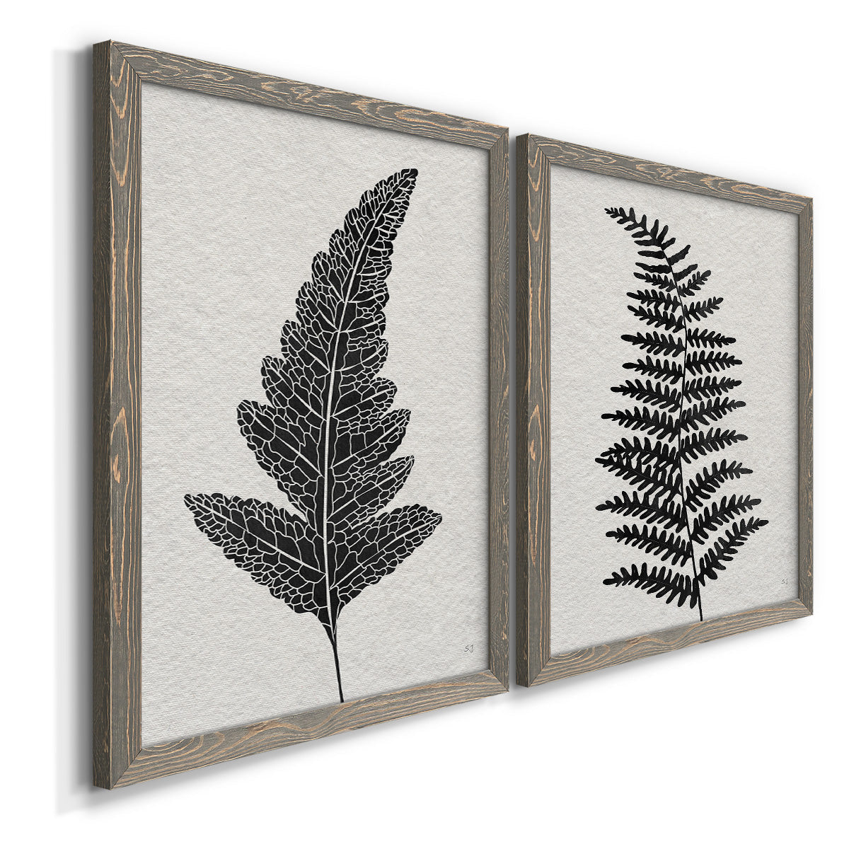 Angled view of a set of two gray barnwood framed canvas prints featuring two minimalist botanical prints featuring black fern leaf silhouettes.